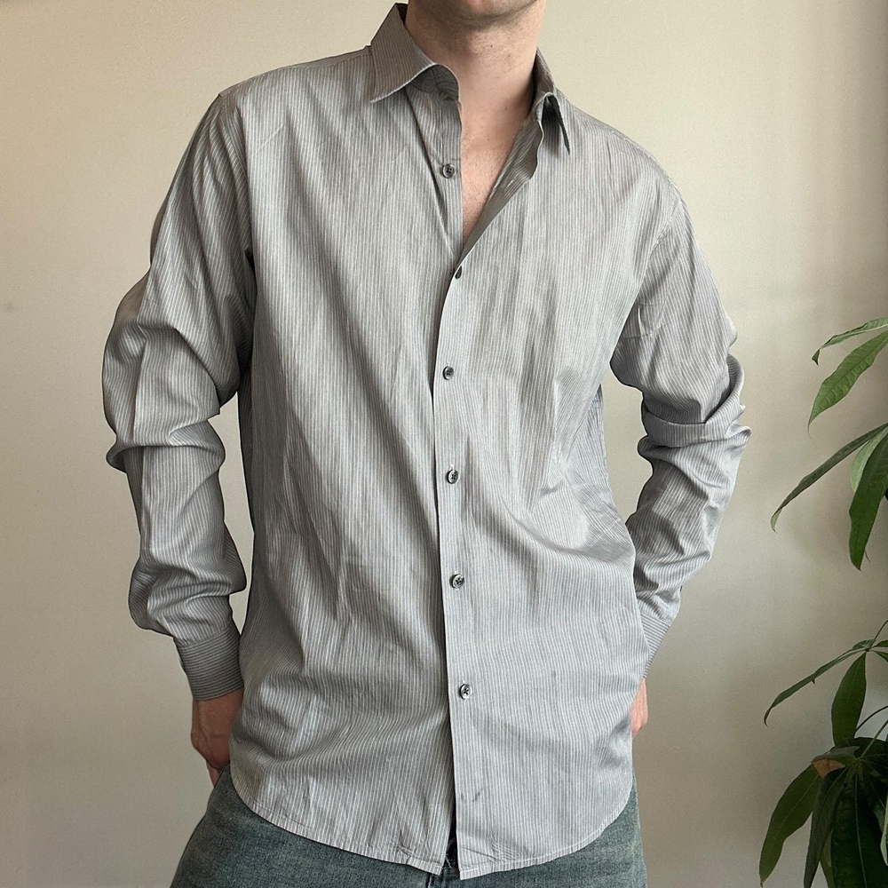 Theory Men's Striped Gray Button Down Shirt